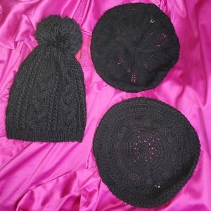 3 Black Hats Toque Pom Pom Beret